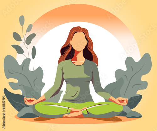 A woman meditates on the mat doing yoga with flower and leaf flat vector in mental health care concept