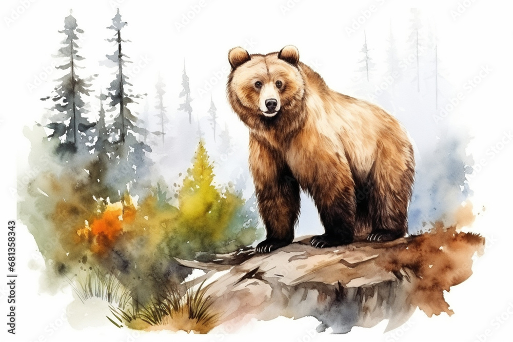 a bear in nature in watercolor art style