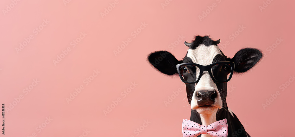 Studio shot of a Cow in glasses.