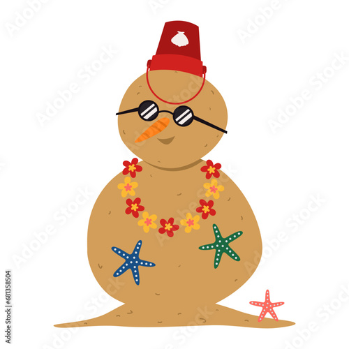 Snowman made of sand on white background. Christmas vacation