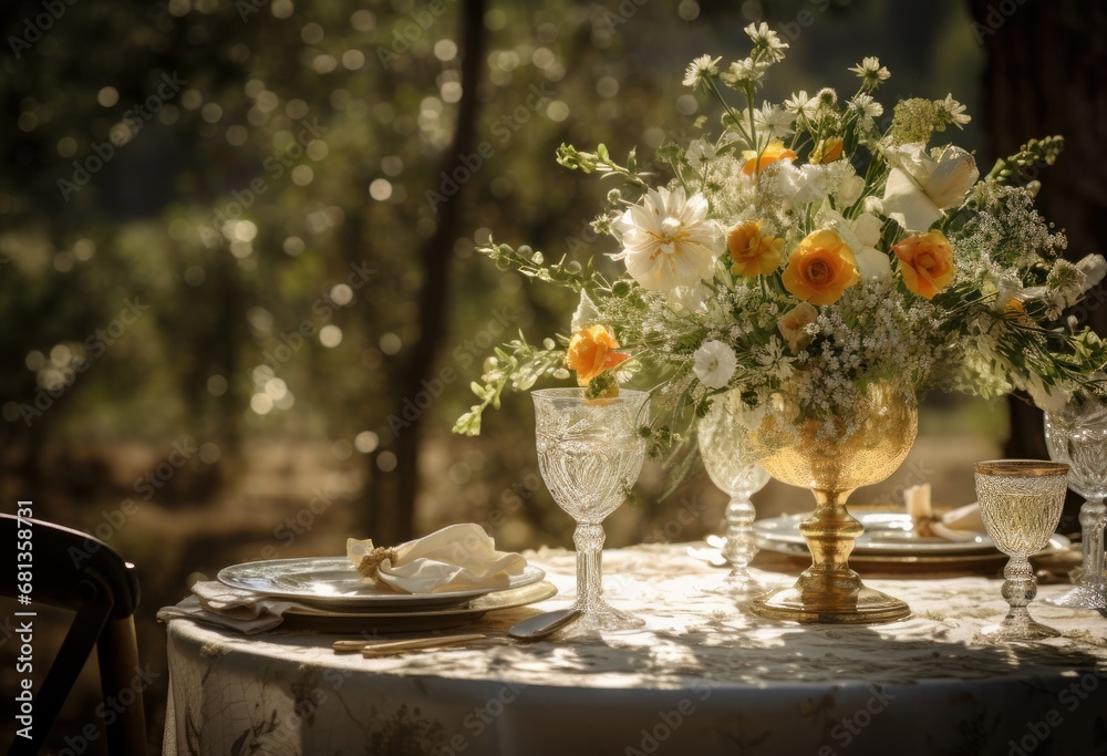 Outdoor dining setup with a beautiful floral centerpiece, creating an inviting atmosphere for a garden party.
