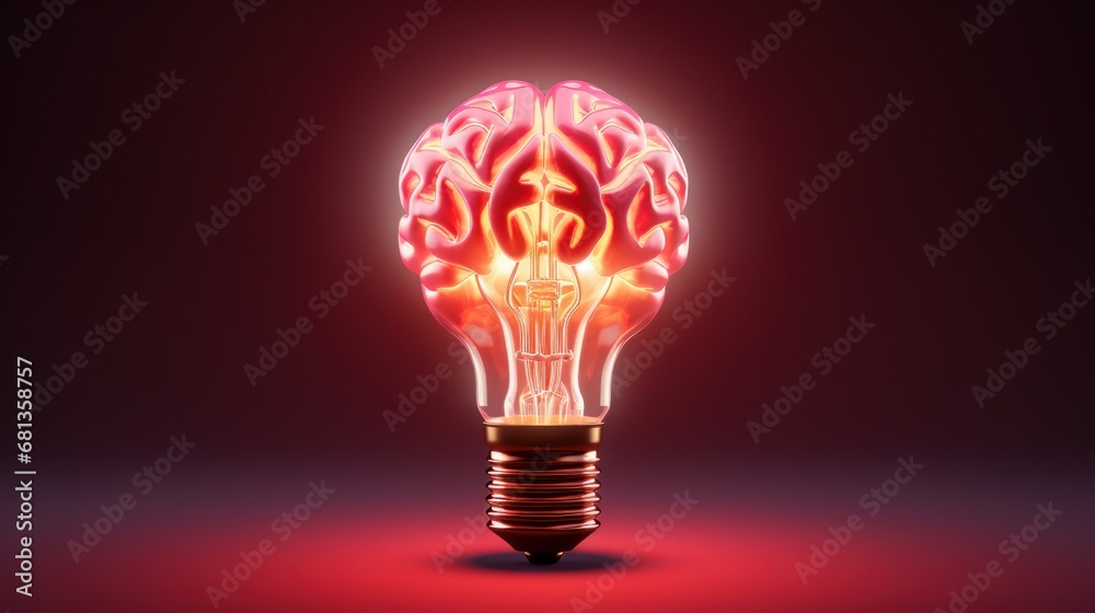 A brain-shaped light bulb glowing in red, symbolizing innovation, ideas, and cognitive processes. - obrazy, fototapety, plakaty 