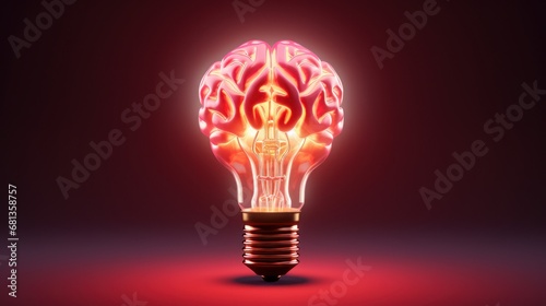 A brain-shaped light bulb glowing in red, symbolizing innovation, ideas, and cognitive processes.