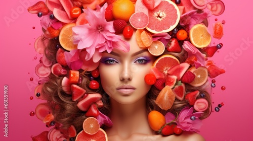 Surreal beauty portrait with a vibrant explosion of fruits and berries, perfect for health and vitality themes.