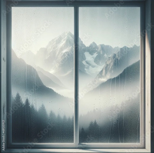 Winter Mountain Through Transparent Glass Window
