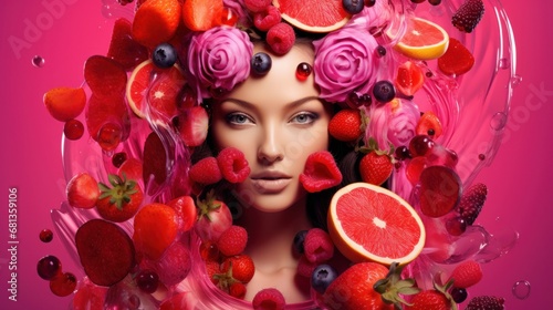 Surreal beauty portrait with a vibrant explosion of fruits and berries, perfect for health and vitality themes.