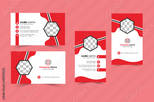 Creative business card template with triangles, squares, round, waves for business, technology. Portrait and landscape orientation. Simple and clean design with a logo and a place for a photo. Vector 