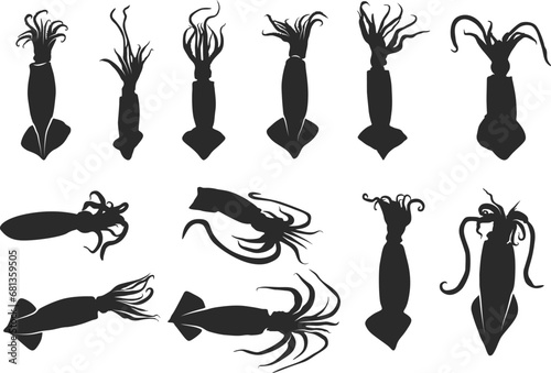 Squid silhouette, Squid svg, Squid clipart, Squid octopus silhouette, Squid vector illustration, Squid icon bundle.