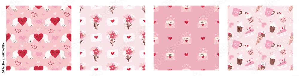 Set of seamless patterns for Valentine's Day. Romantic vector backgrounds. Ornament for postcards, wallpapers, wrapping paper