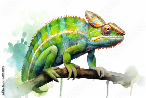 a chameleon in nature in watercolor art style
