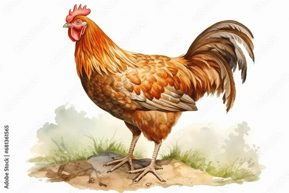 a chicken in nature in watercolor art style