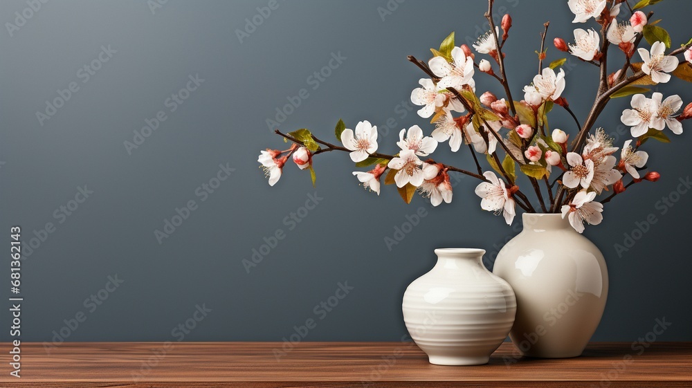A blossoming branch in a ceramic vase rests on a wooden table next to a copy space and a beige stucco wall. Background of living room inside of home.