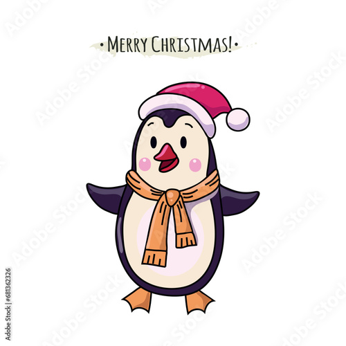 Christmas new year card with cute funny pinguin in Santa Claus hat vector illustration photo