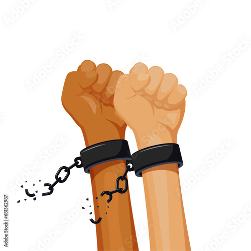 Dark and light hands in shackles breaking iron chains.
