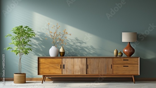 Wood Console Cabinet: Modern Foyer Living Room Copy Space with Blank Wall.. photo