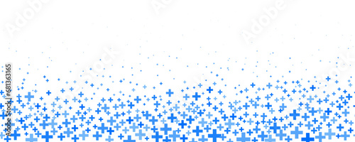 Medical cross and plus background. Abstract seamless blue background for hospital and pharmacy. Geometrical shapes ornament on border. Vector backdrop
