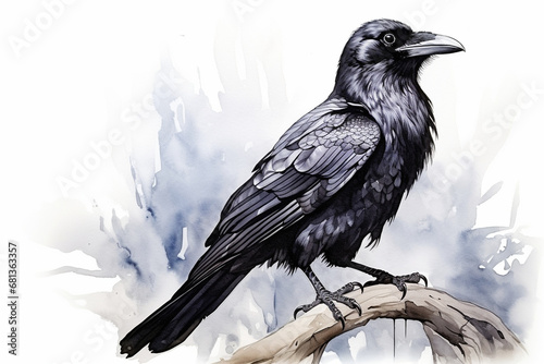a crow in nature in watercolor art style