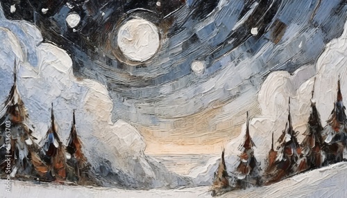 happy holiday, merry christmas, moonlit night, oil painting, illustration