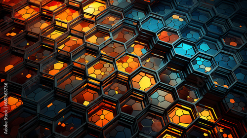 A series of geometrically arranged hexagons forming a high-tech solar panel array, emphasizing the synergy of elements, technology, and detailed engineering