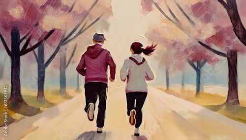 ランニングをする夫婦の後ろ姿　イラスト