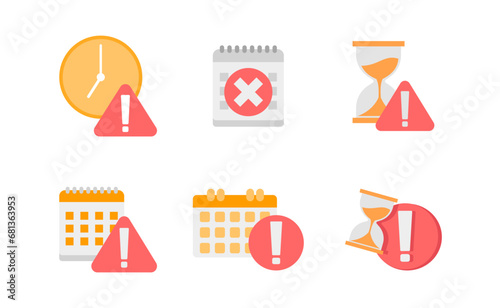Clock or calendar exclamation alert icon collection set. Reminder schedule with exclamation sign deadline. Expired date symbol concept for date expire or deadline schedule Illustration vector
