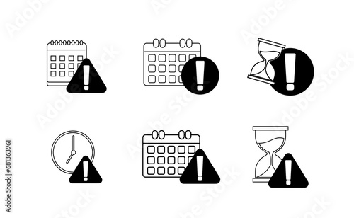 Clock or calendar exclamation alert icon collection set. Reminder schedule with exclamation sign deadline. Expired date symbol concept for date expire or deadline schedule Illustration vector