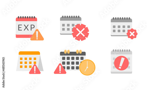 Clock or calendar exclamation alert icon collection set. Reminder schedule with exclamation sign deadline. Expired date symbol concept for date expire or deadline schedule Illustration vector photo