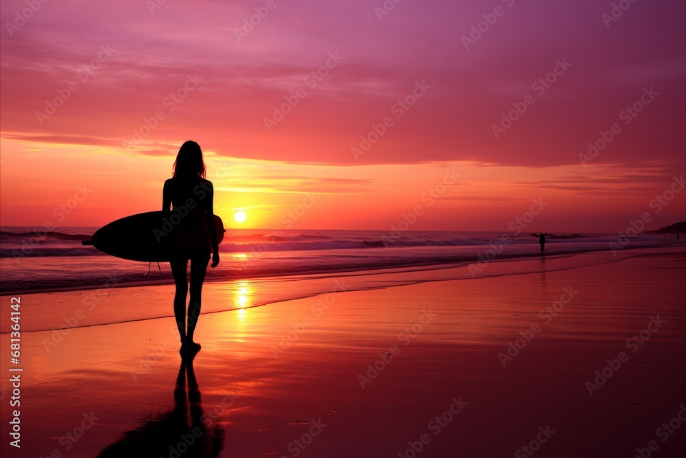 Captivating Surfer Girl Standing in Awe, Mesmerized by the Majestic Sunset Over the Ocean