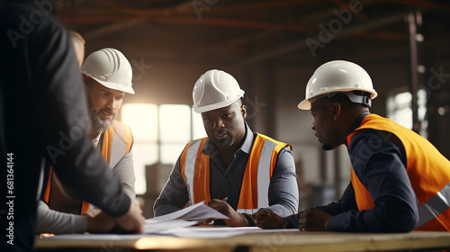 copy space, stockphoto, ethnic Industrial workers in safety vests and hard hats collaborating on a project. Blue collar workers in an industrial setting.