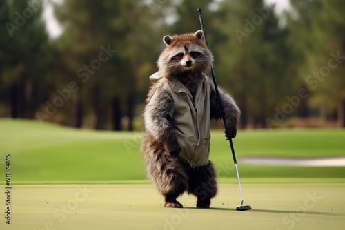 a skilled raccoon golfer winning the masters with a look of satisfaction on their face