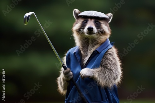 skilled raccoon golfer winning the masters with a look of satisfaction on their face photo