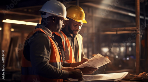 copy space, stockphoto, ethnic Industrial workers in safety vests and hard hats collaborating on a project. Blue collar workers in an industrial setting.