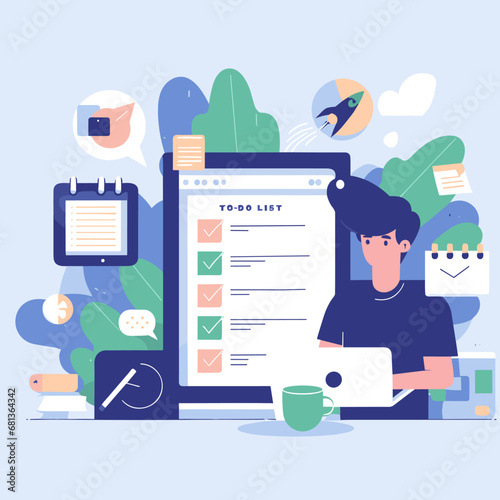 Man with pencil marking completed tasks on to-do list. Concept of time management, work planning method,  Vector illustration