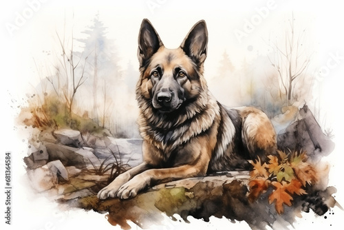 a dog in nature in watercolor art style