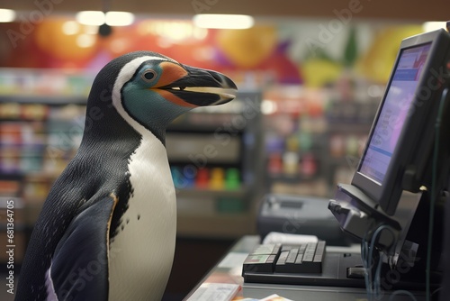 a penguin cashier ringing up customers at a grocery store photo