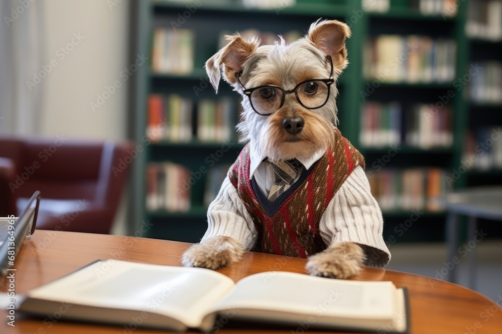 anthropomorphic dog sitting at a desk in a library reading a book the dog is wearing glasses and looks very studious anthropomorphic dog sitting at a desk in a library reading a book the dog is wearing glasses and looks very studious