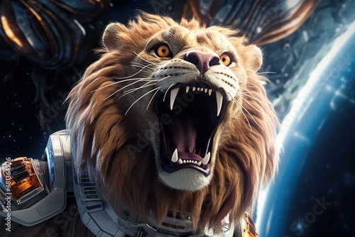 a lion astronaut exploring space