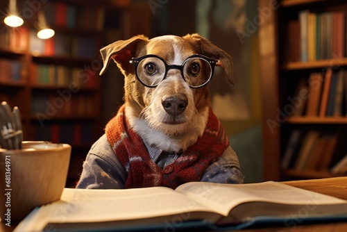 anthropomorphic dog sitting at a desk in a library reading a book the dog is wearing glasses and looks very studious photo