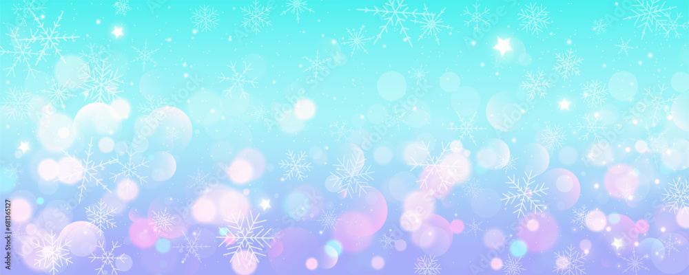 Christmas snowy background. Cold blue winter sky. Vector ice blizzard on gradient texture with bokeh and flakes. Festive new year theme for season sale wallpaper.