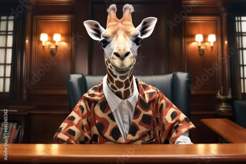 anthropomorphic giraffe in a judge robe presides over a trial in a courtroom © Ingenious Buddy 