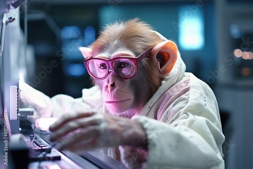 anthropomorphic monkey is working as a scientist he is wearing a lab coat and goggles and he is working on an experiment photo