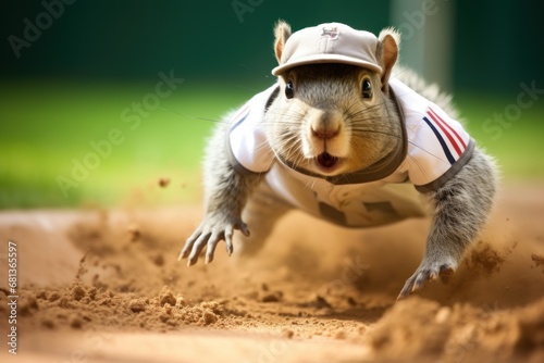 speedy squirrel baseball player sliding into second base with a look of excitement on their face