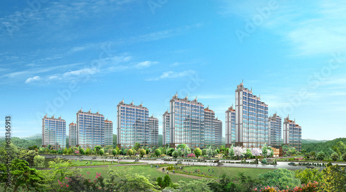 city skyline with trees, perspective view of modern apartment in he countryside