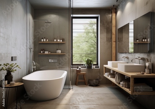 Unwind in style  A serene  modern bathroom oasis with nature views.