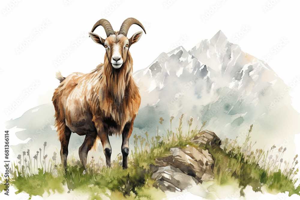 a goat in nature in watercolor art style