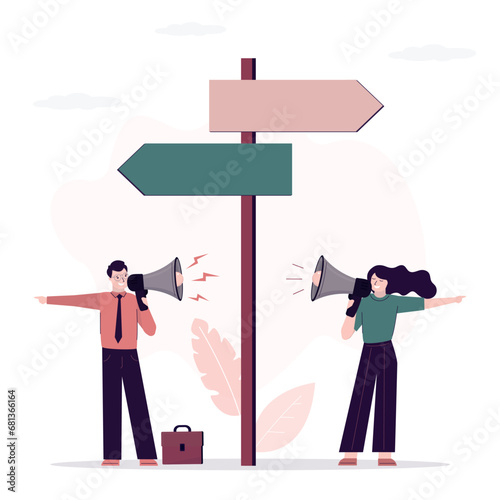 Crossroad with pointers and people scream in loudspeakers. Look for right direction, disagreements or arguments in favor of business path, dilemma or team conflict,