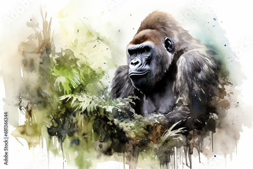 a gorilla in nature in watercolor art style