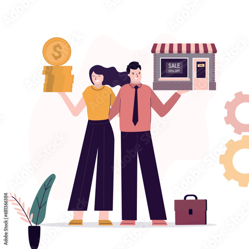 Family business, investing in new store. Co-founders holds money and shop building. Love couple launches new project, startup. Business people expecting success,