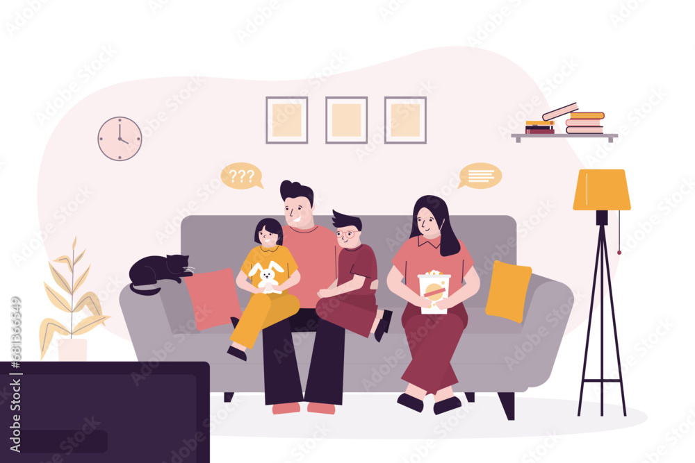 Family watching news or movie. Father, mother and children sitting on sofa couch and watch tv show screen. Living room interior. Relax, family time Family watching news or movie. Father, mother and children sitting on sofa couch and watch tv show screen. Living room interior. Relax, family time