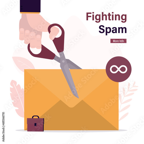 Fighting spam, businessman hand uses scissors and cuts huge envelope with an infinity icon. Spamming and advertising mailings interfere with your work. Viral advertising by mail.